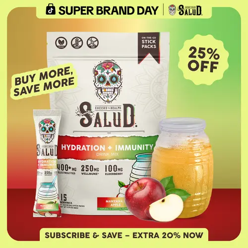 Salud 2-in-1 [Hydration + Immunity - Manzana | Apple]  Agua Fresca Drink Mix, Elderberry, Dairy & Soy Free, Non-GMO, Gluten Free, Vegan, Low Calorie, 1g Sugar (15 Servings)