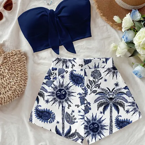 Women's Island Vacation Coconut Tree & Sun God Print 2-Piece Set, Perfect for Holiday, Fashionable Wear, Slim-Fitting Crop Tops