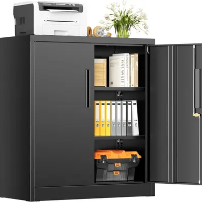 INTERGREAT Steel Storage Cabinet with Lock, Lockable Metal Storage Cabinets with 2 Adjustable Shelves, Black Counter Height Garage Cabinet#Summervibes