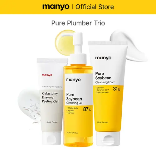 [manyo] Pore Plumber Trio (Galactomy Enzyme Peeling Gel 75ml + Pure Cleansing Oil 200ml + Pure Soybean Cleansing Foam 160ml) 3-Step Double Cleansing Set for Face, Dead Skin & Blackhead Remover, Korean Skin Care
