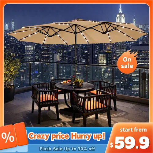 【Large Shade】Yaheetech 2026 Upgrade Large Double-Sided Rectangle Patio Umbrella (15/13/9ft) - 36 Solar LED Lights, Crank, UV Umbrella, Solar Illuminated Parasol for Garden, Pool
