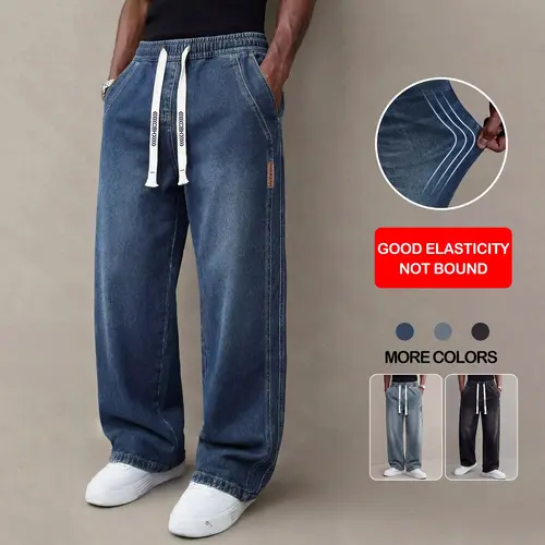 Men’s stretch denim jeans for autumn with a vintage wash; loose straight-leg men’s jeans with a drawstring—casual, versatile, and easy to wear; regular-fit men’s long pants for everyday use.