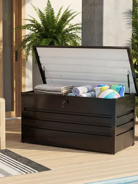 Lockable Outdoor Storage Deck Box，Multi Use As Bench Or Table & Snap Together Assembly ,Weather Resistant Box For Patio And Pool Area