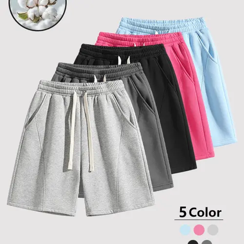 Men's Cotton Summer Solid Color Sports Shorts - Above-the-Knee, Waist Drawstring, Side Pockets, Soft Breathable Skin-Friendly, for Daily Outdoor & Casual Activities