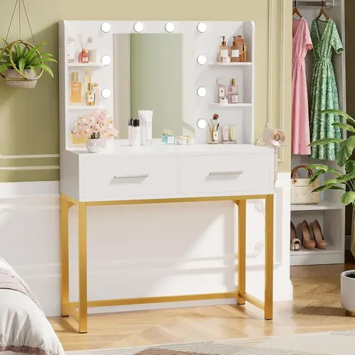Furmax Modern Gold Metal Makeup Vanity Table Set - Engineered Wood Desk with Power Outlets, Hair Dryer Holder, LED Lights and Makeup Storage Furniture Vanity Table Lighted Vanity Desk