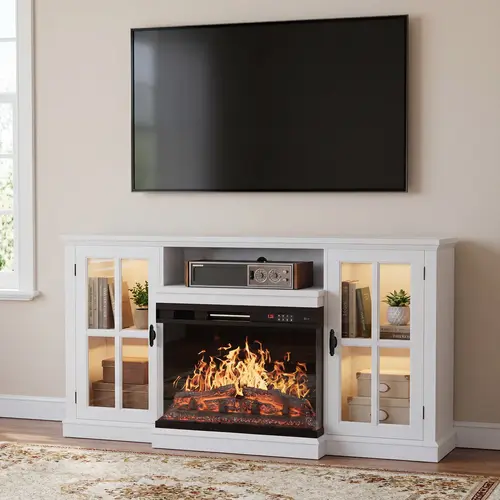 Furmax 65" Modern TV Console Table - LED Floating Entertainment Stand with 26" Panoramic Fireplace, Smudge-Resistant Glass, Floating Tv Stand