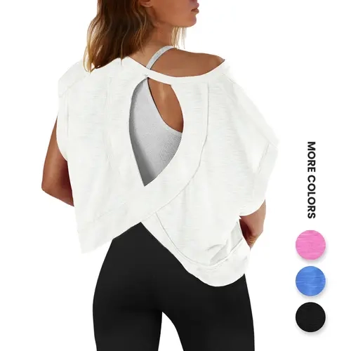 Aswulk Womens Open Back Workout Top Oversized Workout T Shirts Backless Athletic Shirt Short Sleeve Baby Tee