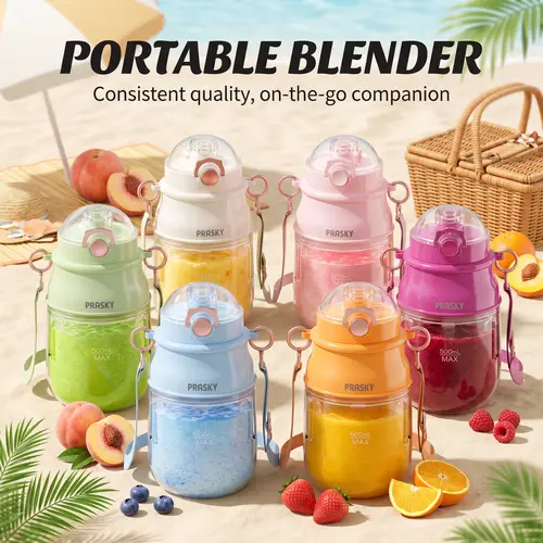 PRASKY Portable Juicer Blender - Shake Machine, Smoothie Maker, Citrus Juicer, 27oz Compact BPA-Free, 70W USB-C Rechargeable with USB Port, Lid, Shoulder Strap, Safety Lock, Dishwasher-Safe Parts, Ideal for Gym, Travel, Personal Blender