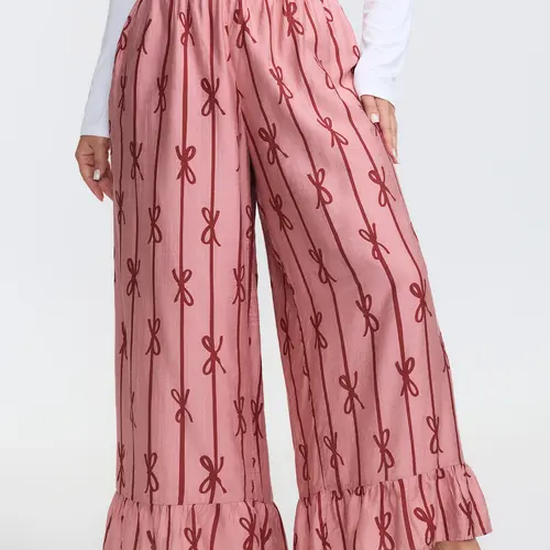 BLOOMCHIC Women's Plus Size Lounge Pants,Pajama Pants with Supersoft Nylon Geometric Striped Casual Pants with Smooth Fabric and Pocket,Cute Bow Print Lounge Pants,High Waist Relaxed Fit,Soft Summer Vacation ,Summerfinds，SohoChic
