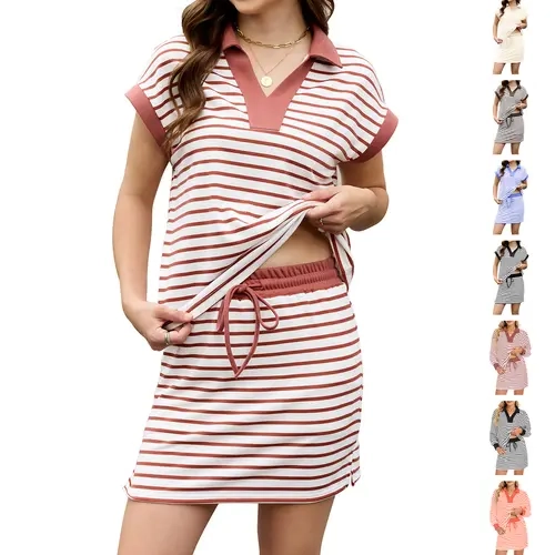 Aswulk Womens Striped 2 Piece Outfits Casual Sweatshirt Skirt Set Short Sleeve Skort Workout Set Matching Lounge Sets