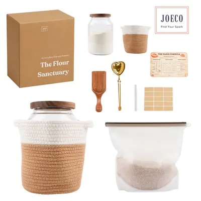 The Flour Sanctuary Kit | Airtight Glass Storage Jar with Lid, Premium Silicone Storage Bag, Wooden Flour Scoop, Rattan Caddy Organizer, Gold Flour Sifter, Sourdough Ratio Guide, Labels & Pen | Baking Pantry Organization & Storage Set for Sourdough lover