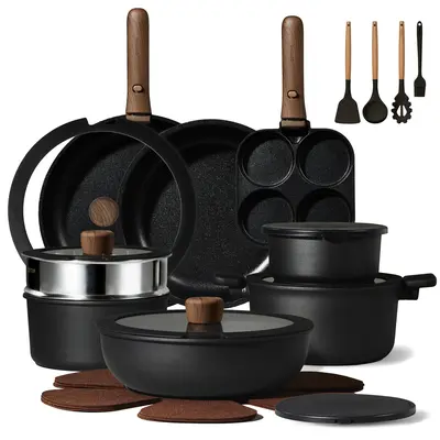 [Official]CAROTE 26pcs Cream White/Pure Black Nonstick Detachable Cookware Set, Pots and Pans Set, Dishwasher Safe, Silicone, Frying