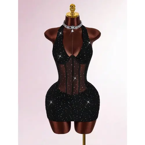 Women's Halter Neck Sleeveless Rhinestone Decor Cinched Waist Sheer Ruched Party Mini Dress, Ideal for Dances, Birthday Outfits, Going Out Outfit, Dresses for Birthdays, Clubbing Clothes for Women