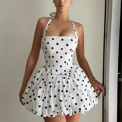 Women's Polka Dot Print Sleeveless Halter Bubble-Pleated Bodycon Party Dress, Elegant Chic Womenswear Evening Event Clothing for Party, Club, Dating, Holiday and Beach Vacation, Women's Dress for Summer Travelling Wear, Dresses for Party