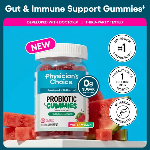 Physician's Choice Probiotic Gummies for Gut & Immune Health - with Vitamin D & Prebiotics - Sugar Free - Watermelon Flavor - Daily Gummy for Adults