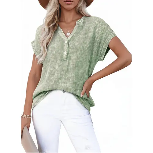 Dokotoo Women's Summer 2026 Boho Tops Casual Button Short Sleeve V Neck Shirts Solid Cotton Blouses