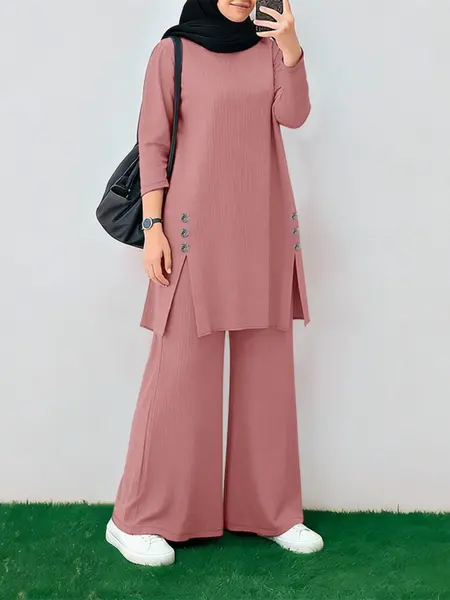 Women's Commuter Casual Split Design Long Sleeve Wide Leg Pants Two-Piece Set, Stylish Daily Wear, Comfortable and Trendy