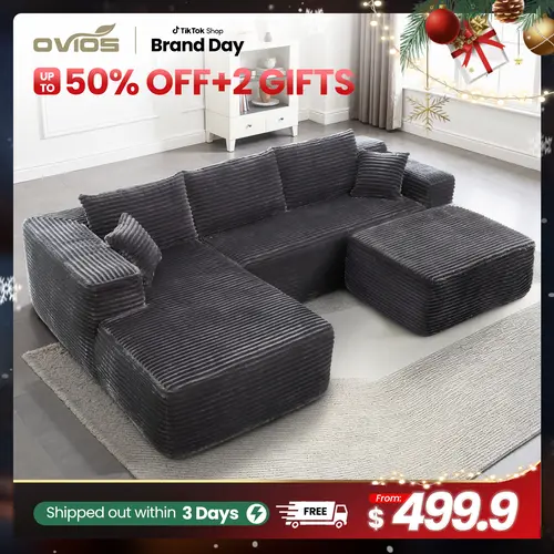 【SohoChic Sale】OVIOS 97"/106" Modular Cloud Couch with Chaise & Ottoman, Oversized L/U-Shaped Deep Seat Sectional Sofa, Upholstered Boneless Couch for Living Room & Bedroom, No Assembly Required, Pillows Included