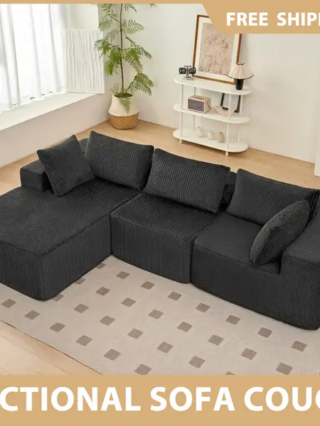 【Sectional Sofa Couch】Sweetcrispy L-shaped Modular Sectional Sofa, Compressed Corduroy Fabric, Modern Style Living Room Sofa Bed, Space-Saving Recliner Design - Convertible Corduroy Sectional Sofa, Corduroy Upholstered Sectional, Modular Sofa Set