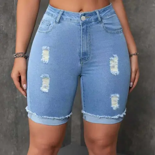 2026 New Spring Women's Blue Denim Bermudas, Jeans Shorts, Slim Fit Skinny Stretch Elastic Button Hole-Cuffed Shorts, Stylish Aesthetic Comfortable Casual Everyday Design