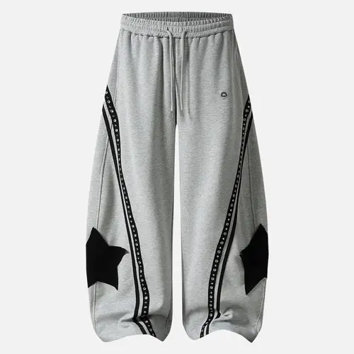 Aelfric Eden Men's High-Waist Panel Cotton Black Athleisure Style Sweatpants - Oversized Wide-Leg Barrel, Star Patch, Studded Stripe, Loose Drape Baggy Casual Sporty Streetwear Clothing Bottoms,sohochic