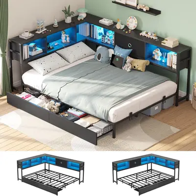 Sikaic Corner Bed Frame with Storage Drawers and Bookcase Headboard, Metal Platform Corner Bed Frame with Charging Station and LED Lights, Daybed for Teens and Guests