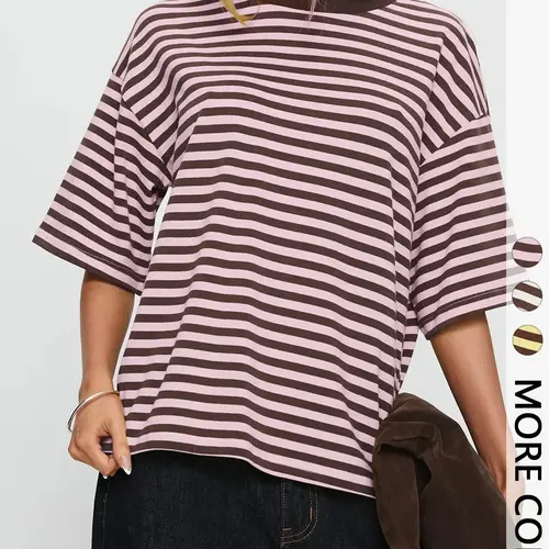 Women's  Striped Oversized Summer T-Shirt - Drop Shoulder Relaxed Fit Tee for Office & Casual Outings | Trendy Y2K Aesthetic, Viral TikTok Top-School, Brunch & Everyday Wear