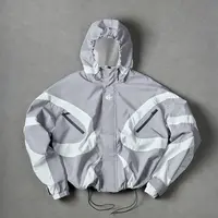 Menswear Stylish Futuristic Techwear Windbreaker Coat, Grey & White Aesthetic Men's Top with Pockets for Spring
