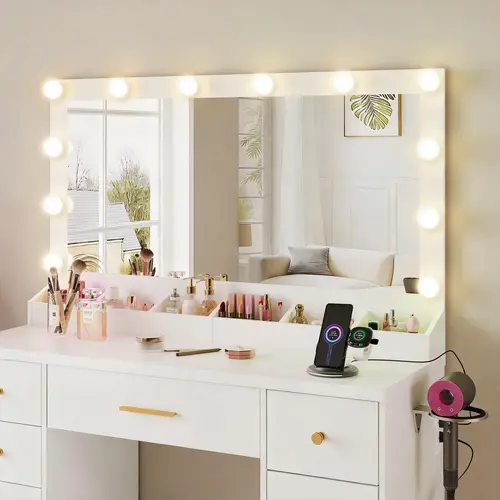 LAKEMID 49.3-inch Extra-Large Vanity Table with Lighted Mirror, 12 Three-Color Adjustable LED Lights, Plus a Free Set of Rainbow Lights; Features 7 Drawers and a Pull-Out Storage Cabinet; Bedroom Makeup Mirror; Perfect Gifts(White)