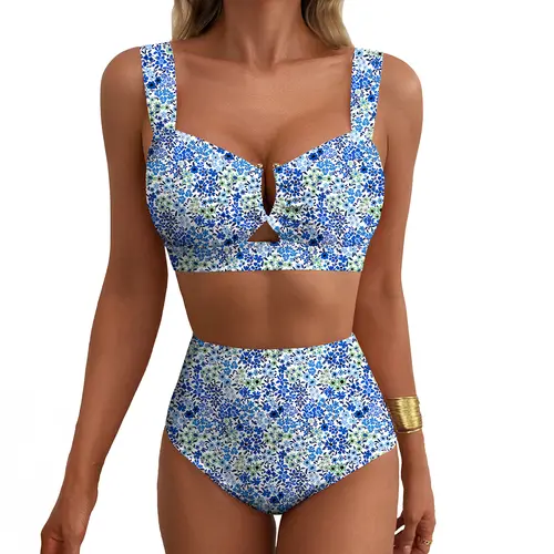Aleumdr Women's Floral Print U-Wire 2-Piece High-Waisted Push-Up Tummy Control Bikini Set - Stretch, Quick Dry Synthetic Swimwear for Beach Parties & Curve Body Fashion