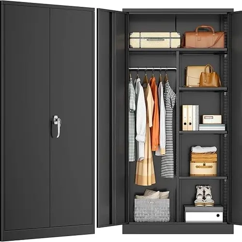 INTERGREAT Metal Wardrobe Closet, 72" H Metal Storage Armoires Cabinet with Lockable Doors and Hanging Rod, Armoire Wardrobe Closet with 4 Adjustable Shelves for Home Office, Warehouse, Garage, Black#Summervibes