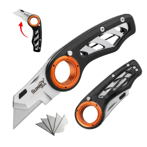 SUMMIT GEAR HOLDER EDC Folding Utility Knives - Heavy-Duty Box Cutter with Aluminum Handle, Anti-Slip Finger Loop Grip, 3 Lock Positions, 5 SK5 Replacement Blades, Belt Clip for Home & Office Use
