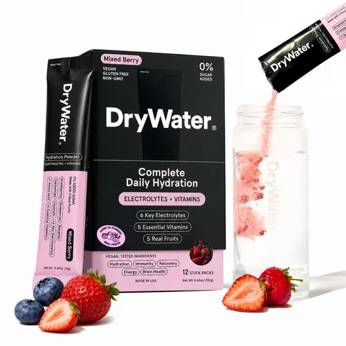 DryWater Complete Daily Hydration (12 Pack) - Mixed Berry. 6 Electrolytes + 5 Vitamins + 1 Amino Acid. No Added Sugar, Nothing Artificial, Real Fruit, Vegan, Gluten Free - (12 Stick Packs)