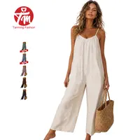 Tanming Womens Backless Spaghetti Strap Wide Leg Jumpsuit Casual Sleeveless Romper with Pockets