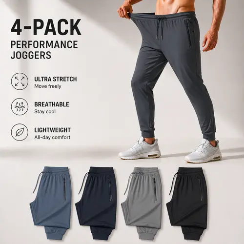 AMZPURE Men's Plus-Size Tapered Lounge Jogger Pants 4-Pack - Lightweight Stretch Tracksuit Pants with Zipper Pockets, Cuffed Ankle Casual Athletic Joggers for Big & Tall, Pre Workout Cool All-Day Wear, Sports Jogging Wear,sohochic