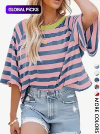 1 Piece Casual Minimalist Striped Pattern Round Neck Short Sleeve Loose Women's T-Shirt, Suitable For Summer, Oversized T Shirt, Casual Striped Top