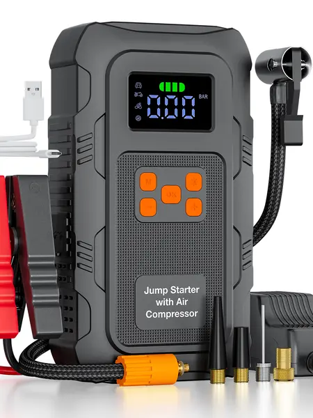 【POVASEE】 All in One Jump Starter 6000A/24000mAh Portable 12V Power Bank with 150 PSI Air Compressor for Car Starting & Tire Inflation Smart LCD Display