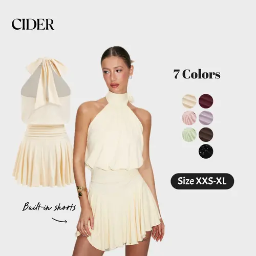 Cider Stand Collar Sleeveless A-Line Built-in Shorts Mini Dress with Scarf SohoChic