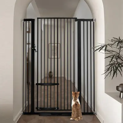55.1" Tall Adjustable Anti-Stumble Pet Gate, 29.5-40.6" Extra Wide with Adjustable Cat Door, Pressure-Mounted Easy Walk-Through for Stairs, Doorways, Black (dealsforyou, summerwins, restock, dealsforyoudays, DFYD)