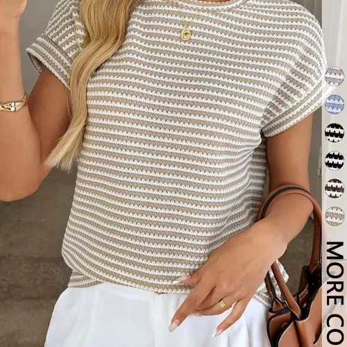 Women's Striped Waffle Knit T-Shirt, Womenswear, Crew Neck, Drop Shoulder Short Sleeve, Soft Stretch Fabric, Casual Daily, Vacation & Summer Wear, Basic Minimalist Chic Style, Casual Basic Top