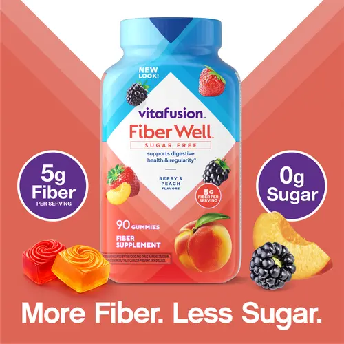 [Vitafusion] Fiber Well Sugar Free Gummies - 5g - Berry & Peach Flavor Fiber Gummies - Supports Digestive Health & Regularity - 90 Gummies