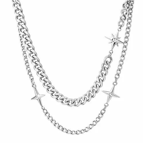Starbound Layered Chain Stainless Steel Necklace with Double Star Charms & Finer Secondary Chain - Adjustable Size Casual Stainless Steel Jewelry, Fashion Accessory for Everyday Wear