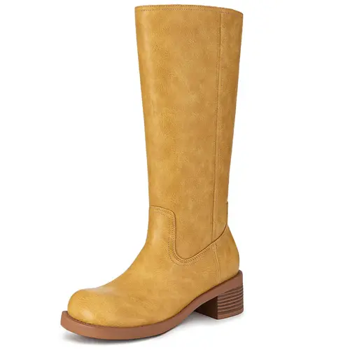 Women's Low Heel Knee High Boots - Square Toe, Chunky Block Slip-On Riding Boots for Party, Back to School - PU Leather, Neutral Faux Leather Design,sohochic