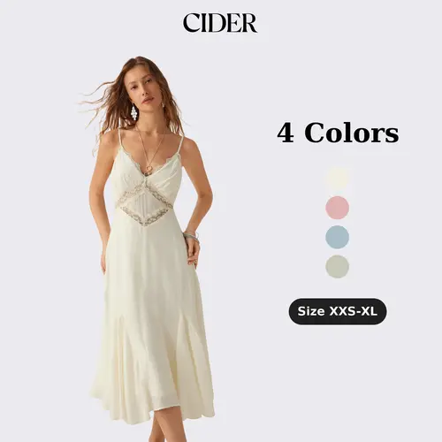 Cider Boho Summer Lace Panel Midi Dress for Beach Vacation, Elegant A-Line Cami Dresses, Ladies Casual Sundress, Spring Birthday Outfits, Lady Gown SohoChic