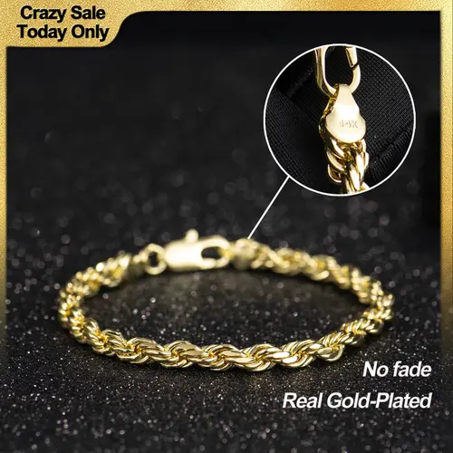 Holylegend 14K Real Gold-Plated Rope Chain Bracelet, 14K Gold Plated Diamond Cut Rope, Simple Twist Link Bracelet,Hip Hop Jewelry, Classic Rope Link Bracelet, Gift Ready,Father's Day Gift