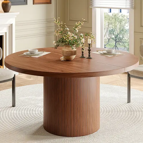 【SohoChic】ONBRILL 47 Inch Round Dining Table for 4, Circle Kitchen Table with Wood Strip Base, Modern Farmhouse Dinner Tables for Kitchen, Living Room