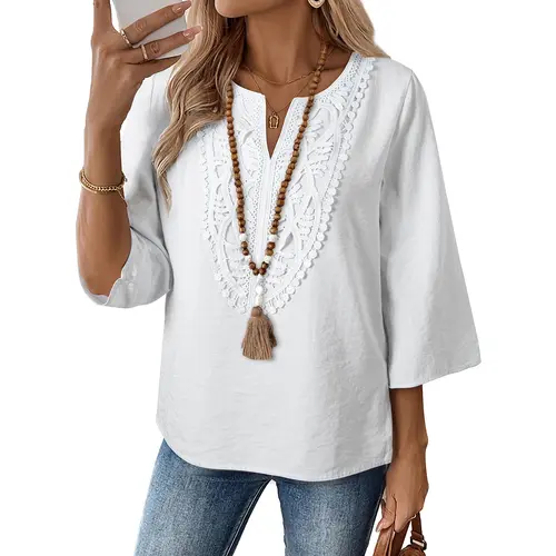 EVALESS Boho Tops for Women Blouses Dressy Casual V Neck 3/4 Sleeve Shirts Spring Outfits Trendy Vacation Clothes  Deals For You Days summer outfits