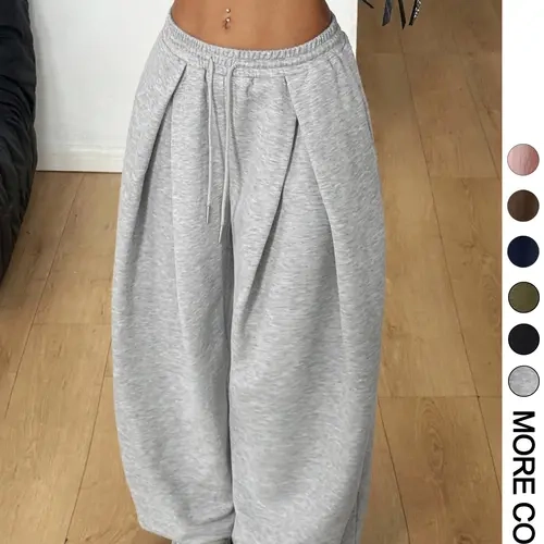 Women's Casual Sporty Wide Leg Sweatpants, Drawstring Elastic Waist, Comfortable Versatile, Gym Streetwear, American Vintage Style