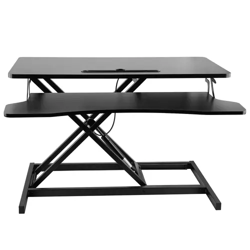32” Wide Height Adjustable Standing Desk Converter - Plastic-Wood Mixed Materials, Touch Lock, Dual Monitor Riser Workstation for Home Use, Adjustable Height Desks, Dual Monitor Setup, Home Office Ideas, Black Furniture