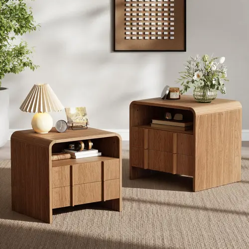 AMERLIFE Modern Nightstand Pedestal - Minimalist 2-Style Compact Piece with Storage Drawer, Open Shelves, Curved Profile, Pine Handles - Wood End Table for Bedroom, Small Spaces, Modern Accent Tables, Apartment Space Saving Furniture, Assembly Required #S